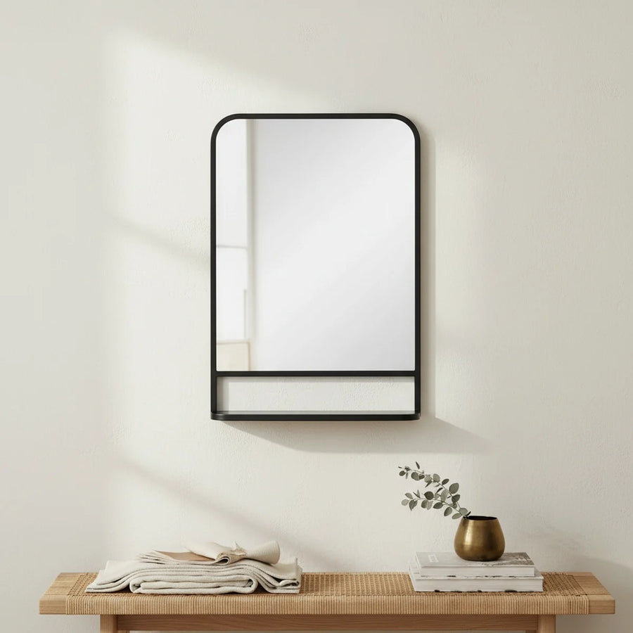 Black Bathroom Mirror with Shelf, 20 x 28 in, styled in a bathroom