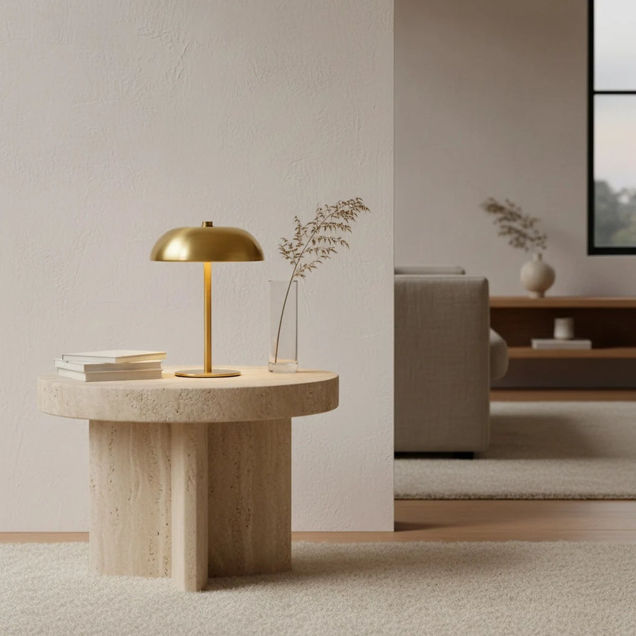 Brass Mushroom Lamp, Gold Brass-Look Plated Metal, Cordless Touch, styled on a side table