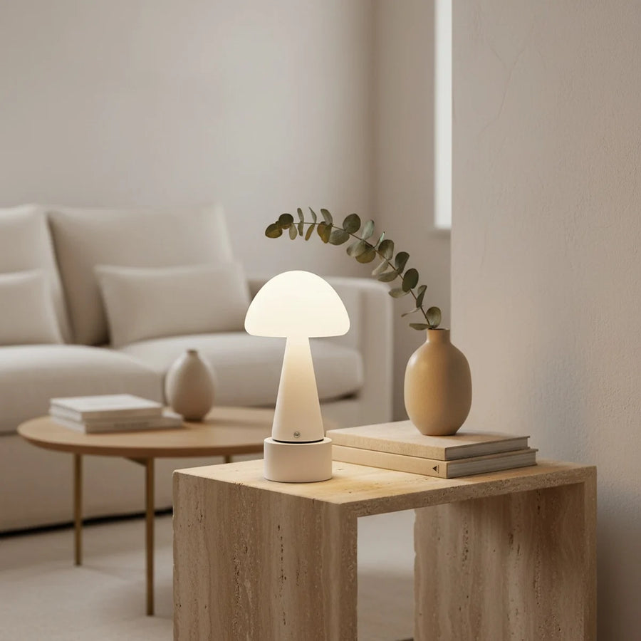 Cordless Mushroom Lamp, Cream White, Rechargeable Touch Night Light, styled on a side table