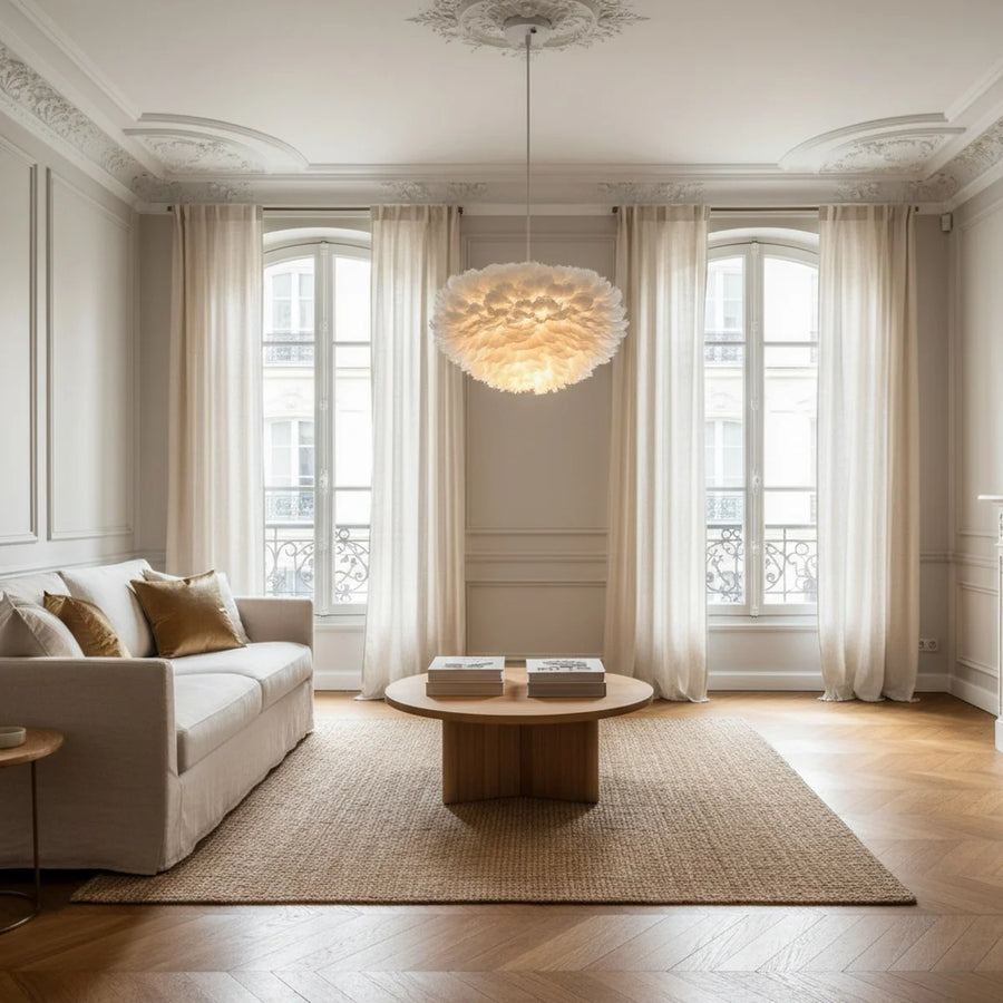 White Goose Feather Chandelier, 16 in Globe, styled in a living room