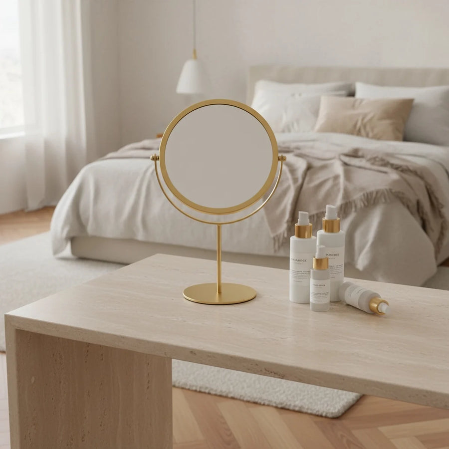 Gold Tabletop Mirror, Round and Double Sided, styled on a vanity