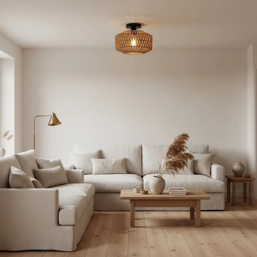 Hand-Woven Straw and Jute Flush Mount Light, Iron Frame, styled in a living room