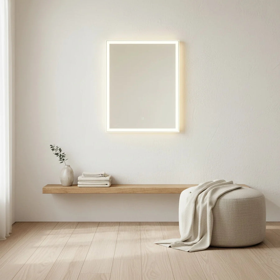 Anti-Fog LED Backlit Bathroom Mirror, 3 Light Colors, styled in a bright interior