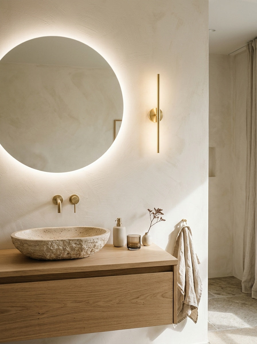 Bathroom with a round backlit LED mirror and a brass wall light