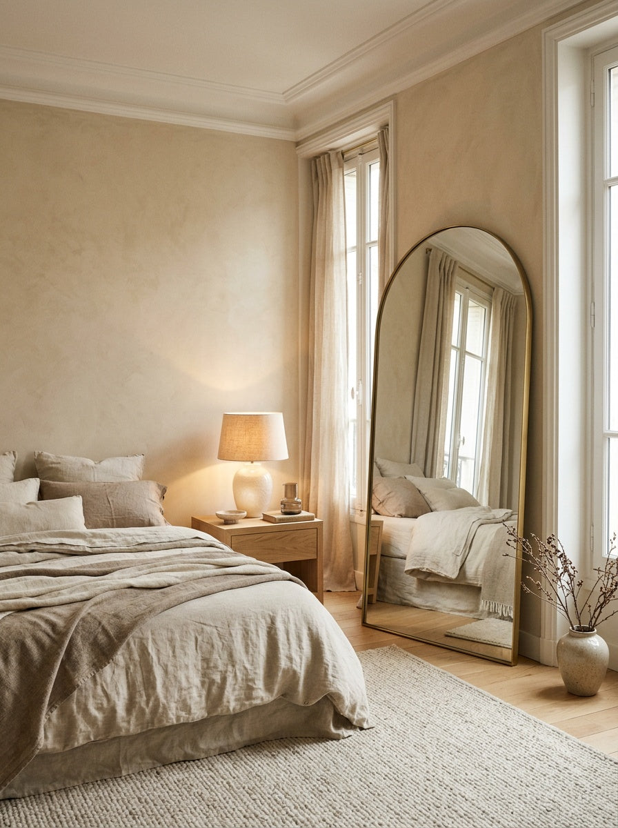 Bedroom with a ceramic bedside lamp and an arched floor mirror
