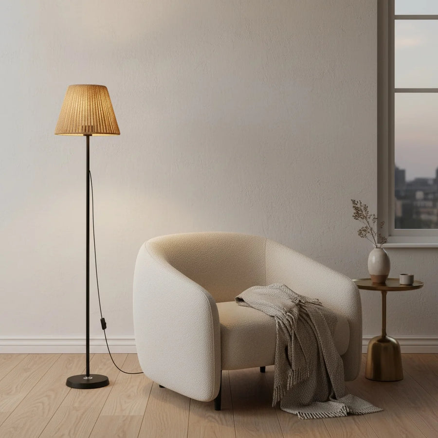 Rattan Floor Lamp with Hand-Woven Shade, Black Base, 55 in, styled in a living room