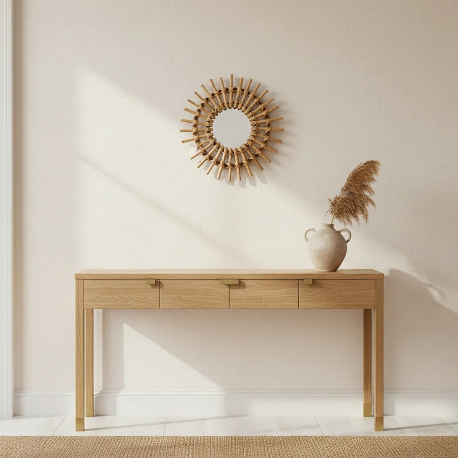 Handwoven Rattan Sun Mirror, styled in a bright interior