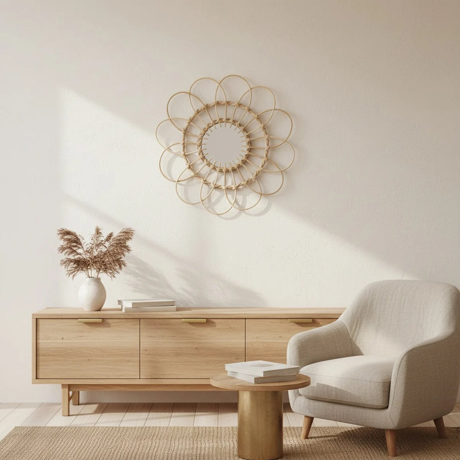 Small Rattan Mirror, Round and Handwoven, styled in a bright interior