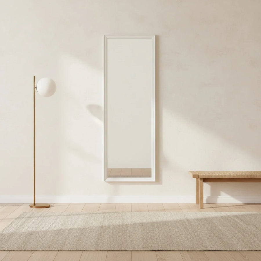 White Full Length Mirror with Stand, 63 x 20 in, styled in a bright interior