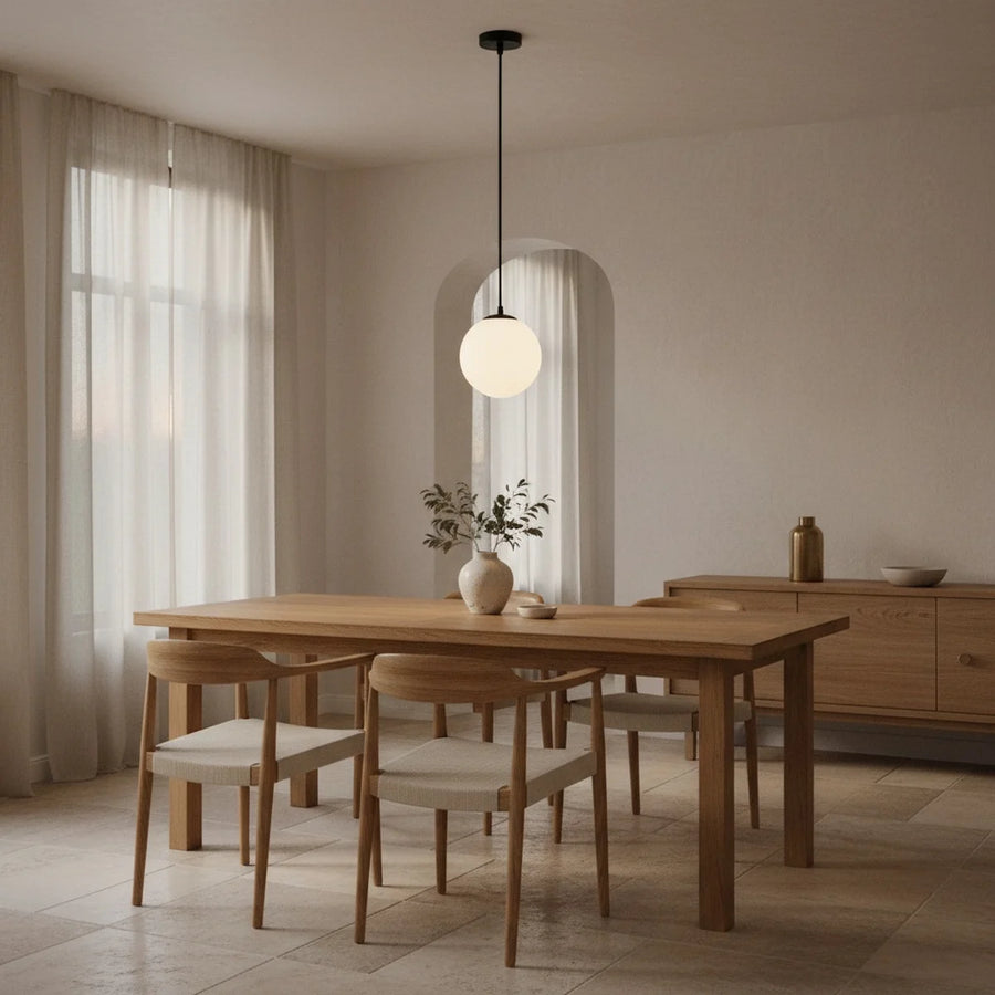 White Glass Pendant Light, Small Globe, 4" to 7", styled above a dining table