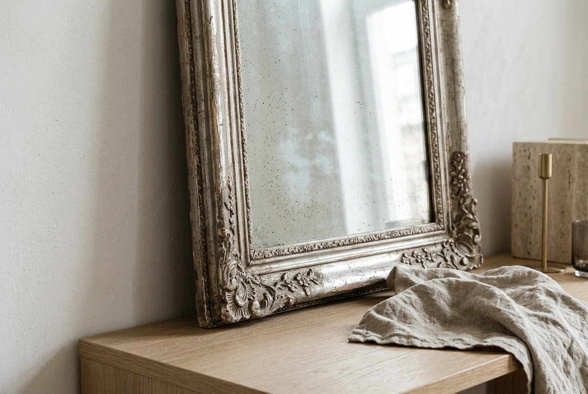 Antique mirror with spotted silvering in a carved frame