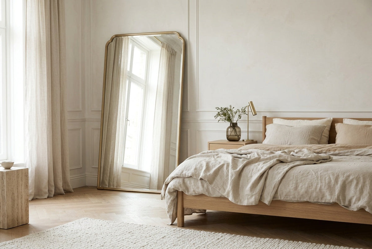 Large mirror placed beside the bed in a bright bedroom