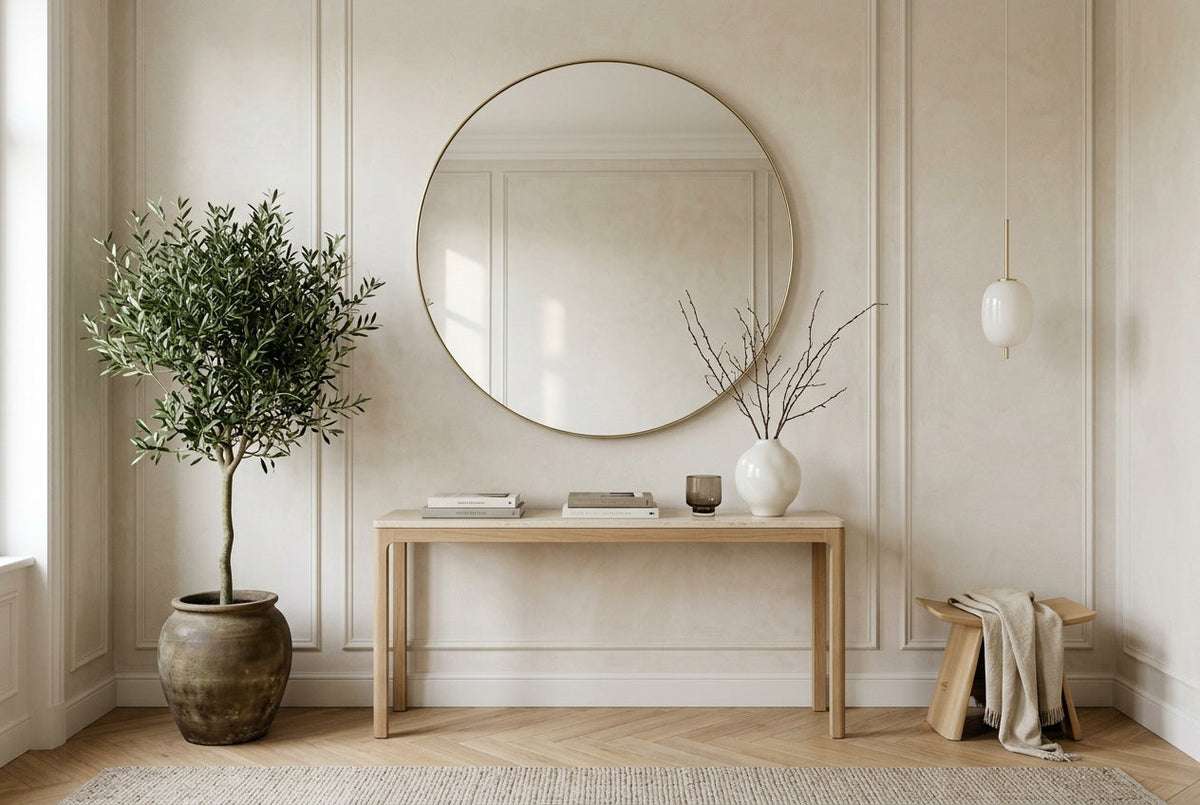 Round mirror on the side wall of a calm entryway