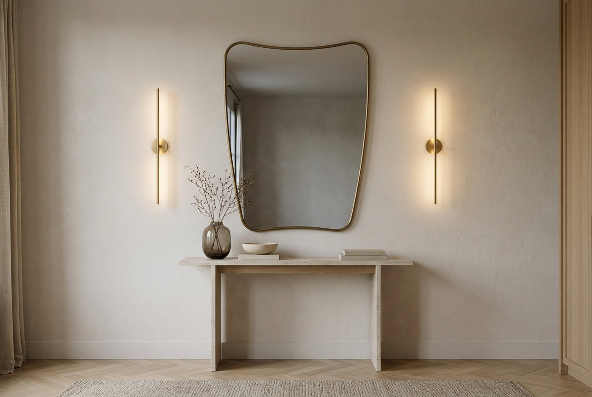 Two brass wall sconces installed on either side of a mirror