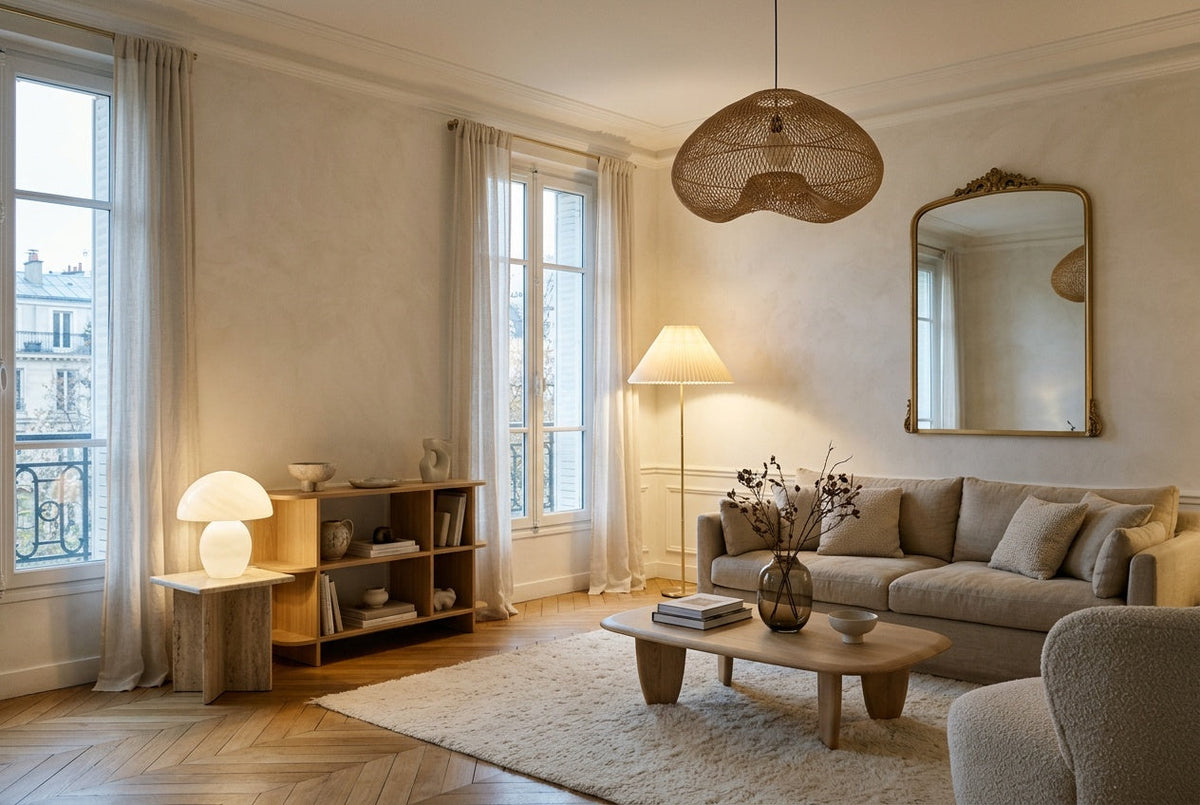 Living room mixing a paper floor lamp, a mushroom lamp and a rattan pendant light