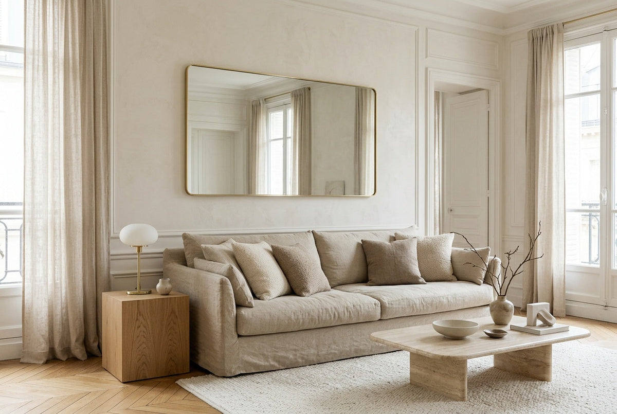 Rectangular mirror centered above a linen couch