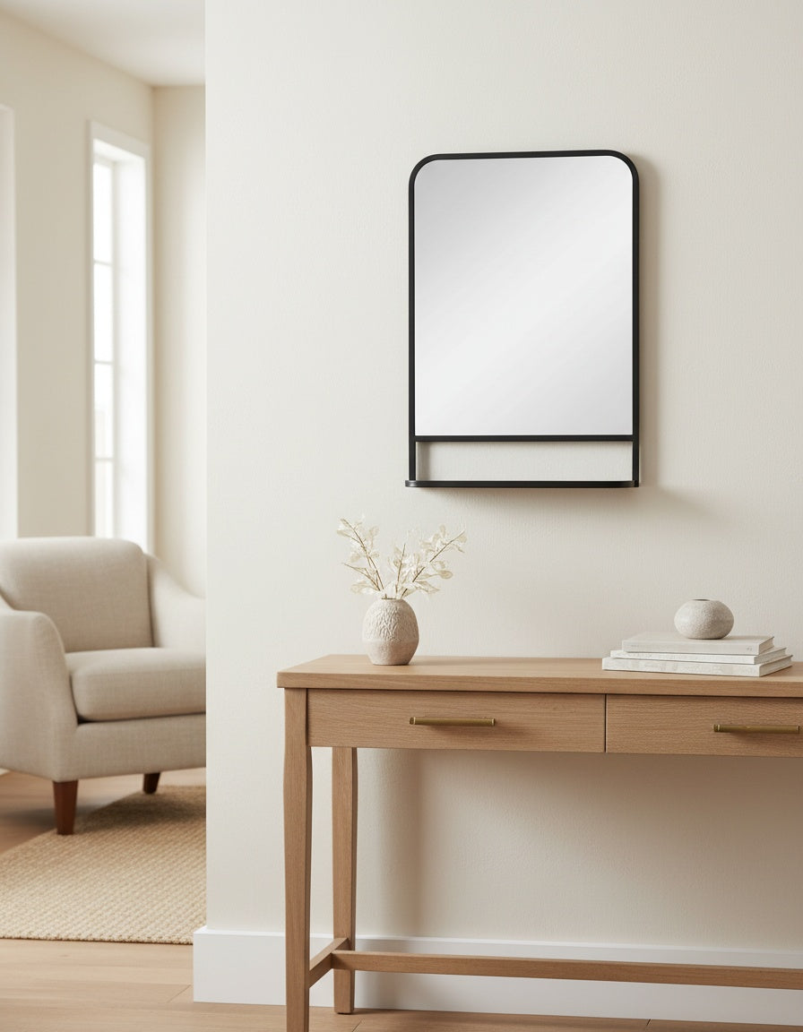 Black bathroom mirror with shelf, 20 × 28 in (50 × 70 cm), styled in a bathroom