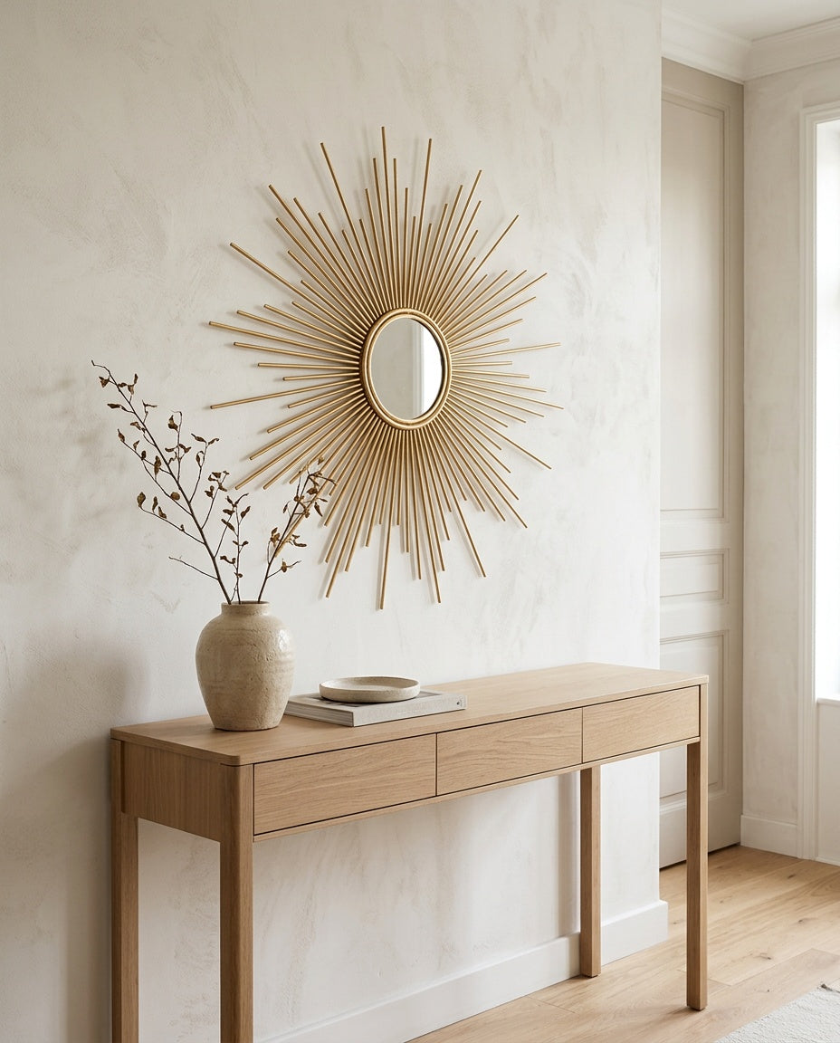 Gold mirrors, styled in a room