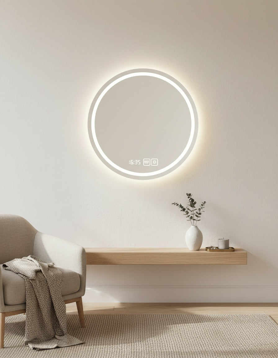Round backlit LED mirror, 24 in (60 cm), anti-fog with clock, styled in a bathroom