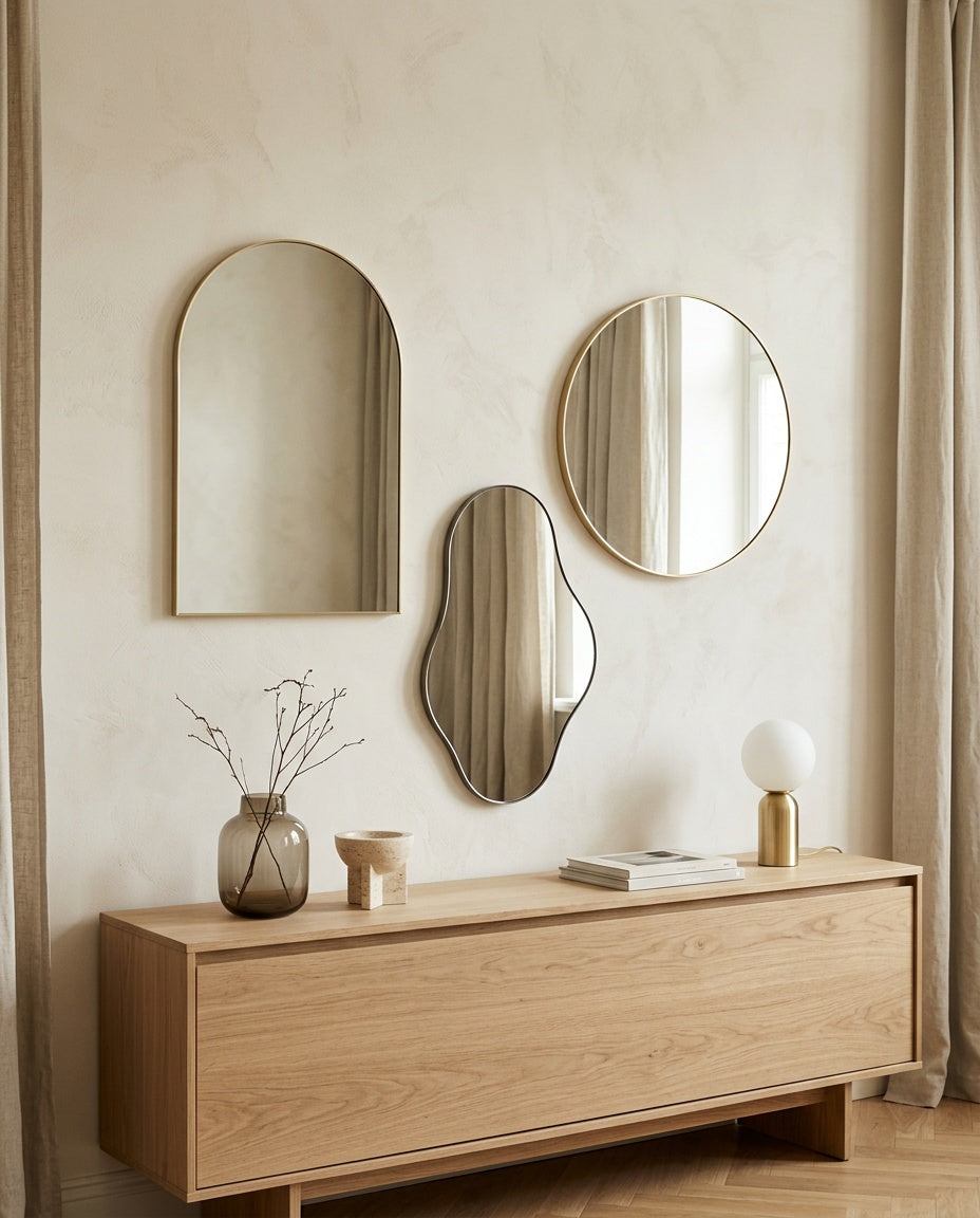 Round, arched and wavy wall mirrors grouped above an oak sideboard