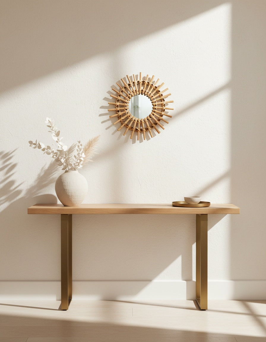 Hand-woven rattan sunburst mirror in a natural tone, styled in a room