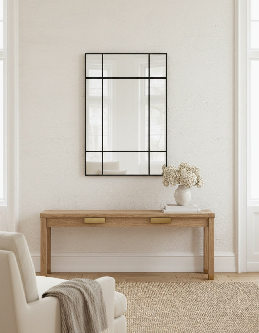Black window pane mirror in metal, 35 × 24 in (90 × 60 cm), styled in a room