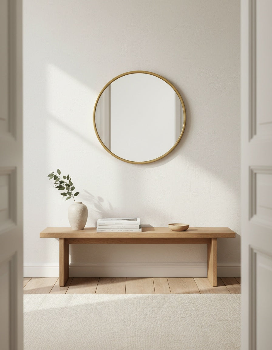 Gold round mirror with a thin metal frame, Ø 16, 20 or 24 in, styled in a room