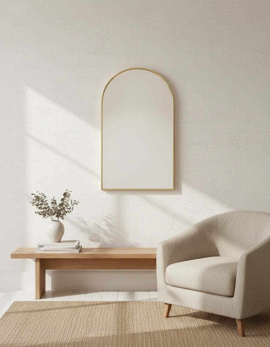 Gold arched mirror with a thin aluminum frame, styled in a room