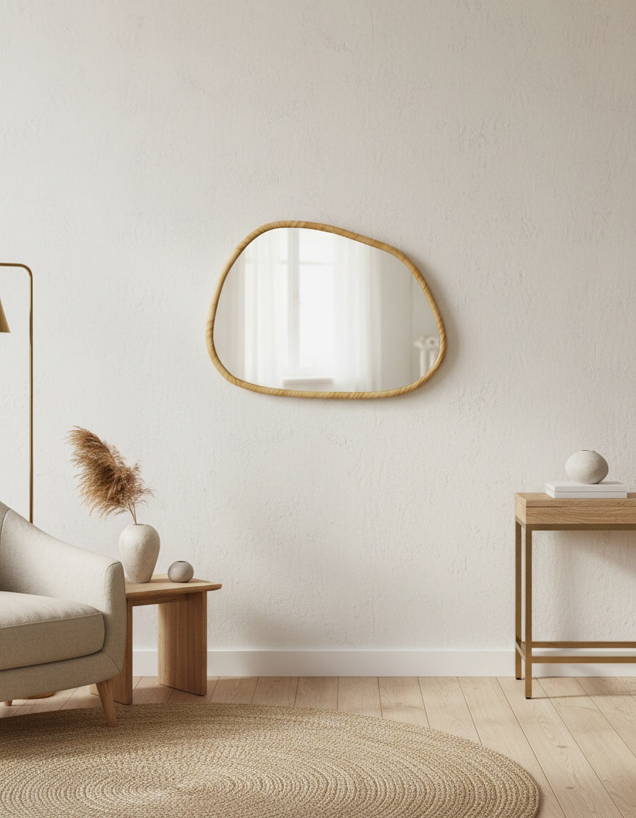Asymmetrical organic mirror in natural wood, 31 × 24 in (80 × 60 cm), styled in a room