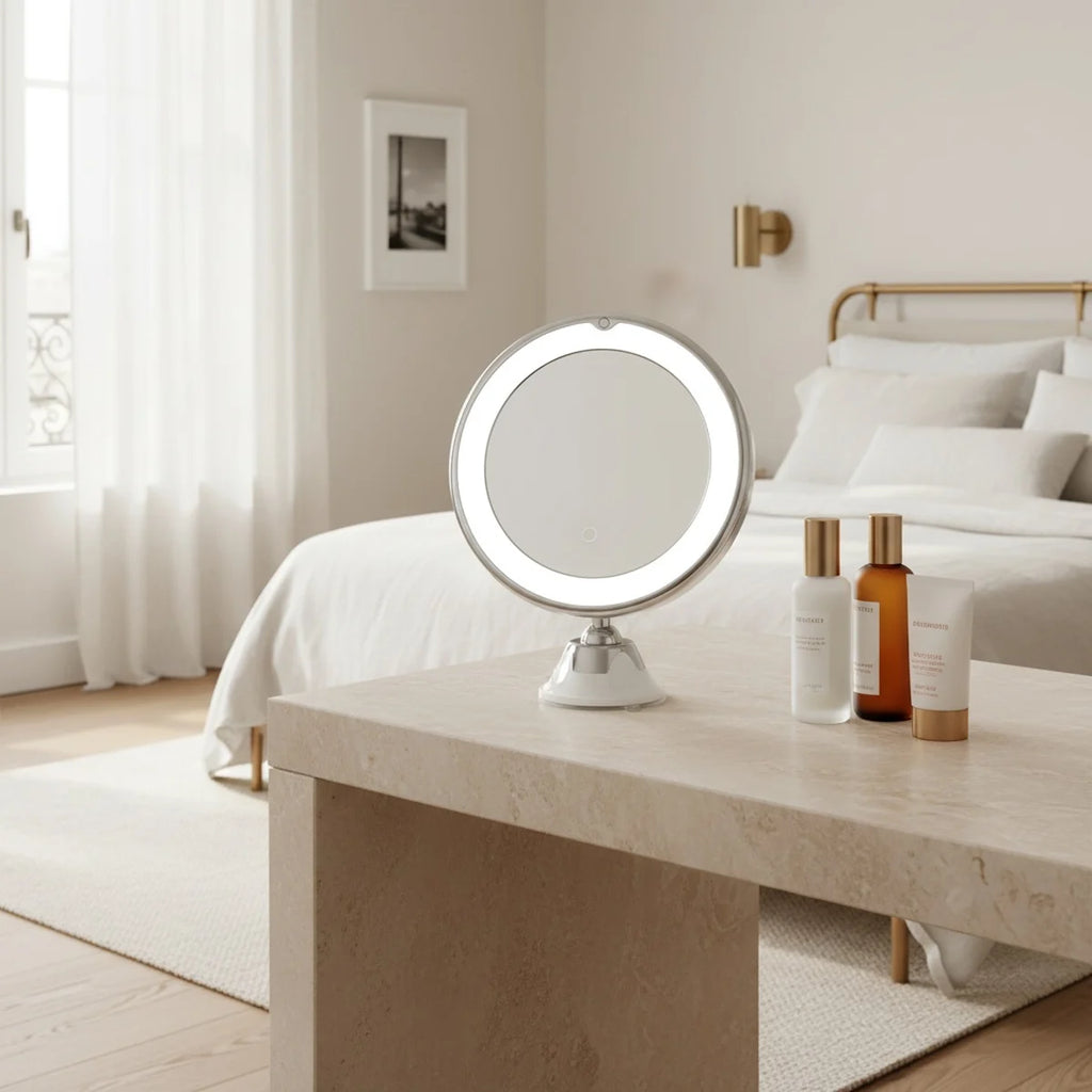 10x Lighted Makeup Mirror with Suction Cup, styled on a vanity