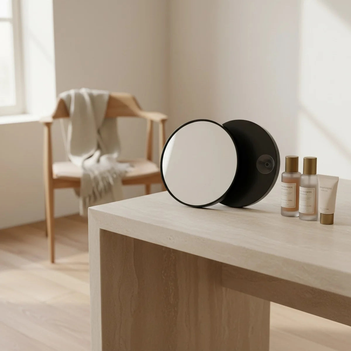 30x Magnification Mirror with Suction Cup, 3.5 in Round, styled on a vanity