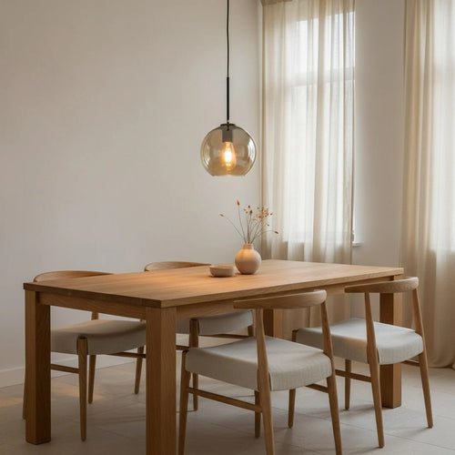Amber Smoked Glass Pendant Light, 8 to 14 in, styled above a dining table