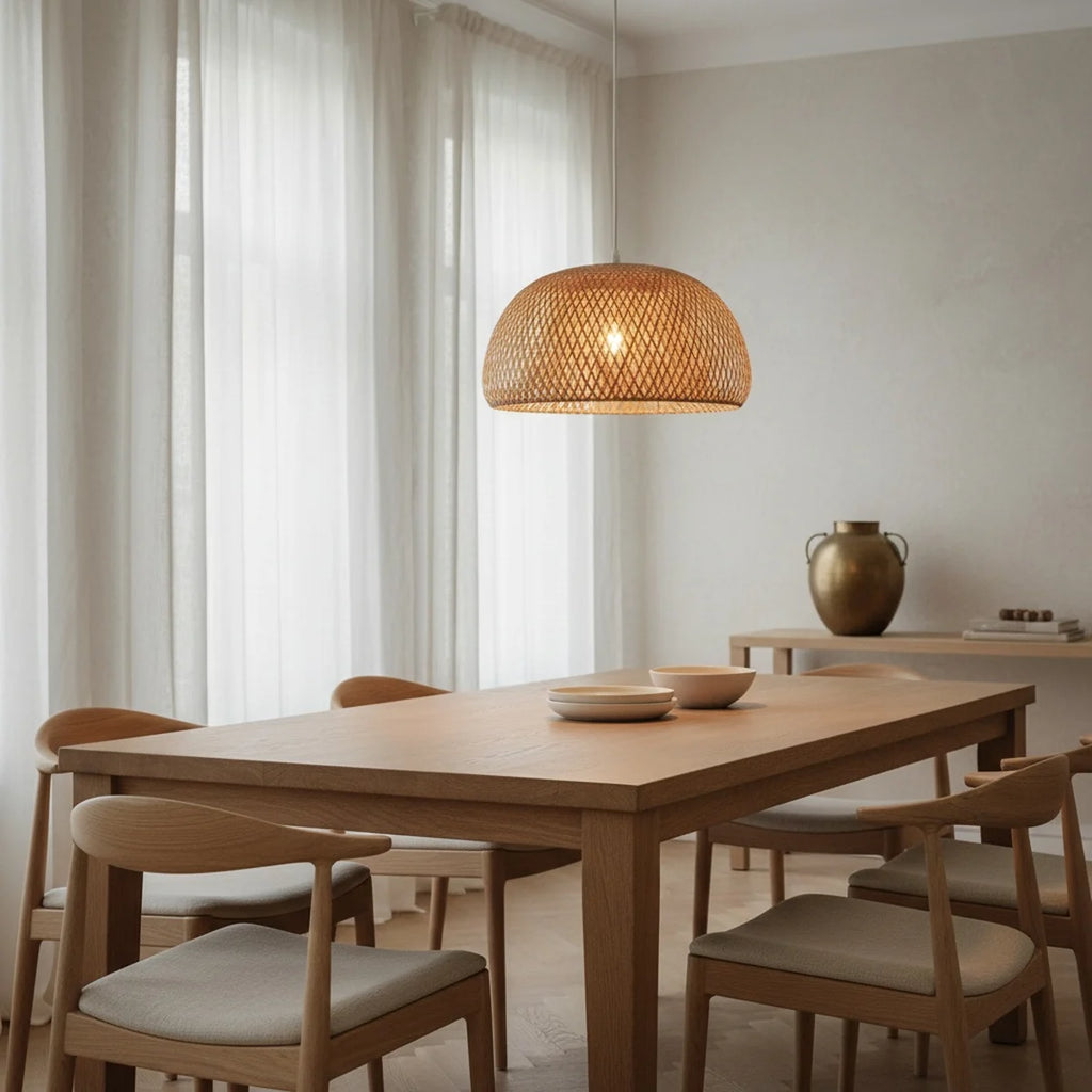 Hand-Woven Bamboo Pendant Light, 10", White Cord, styled above a dining table