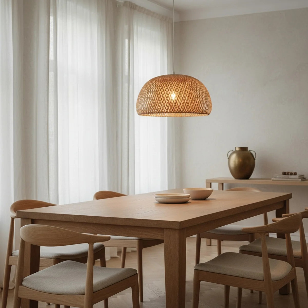 Hand-Woven Bamboo Pendant Light, 10", White Cord, styled above a dining table