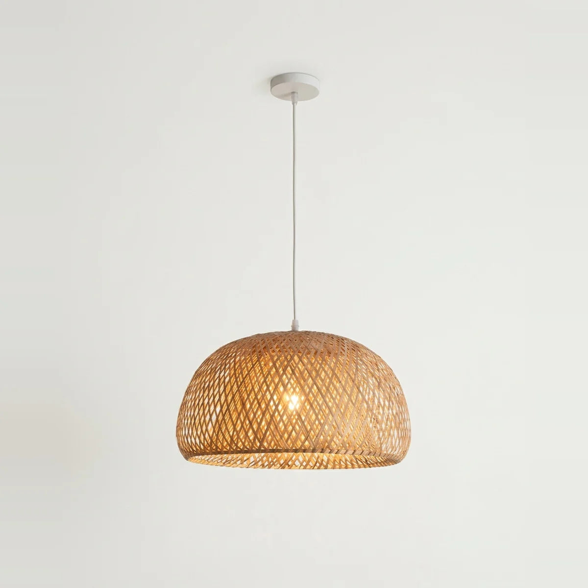 Hand-Woven Bamboo Pendant Light, 10", White Cord, on a light background