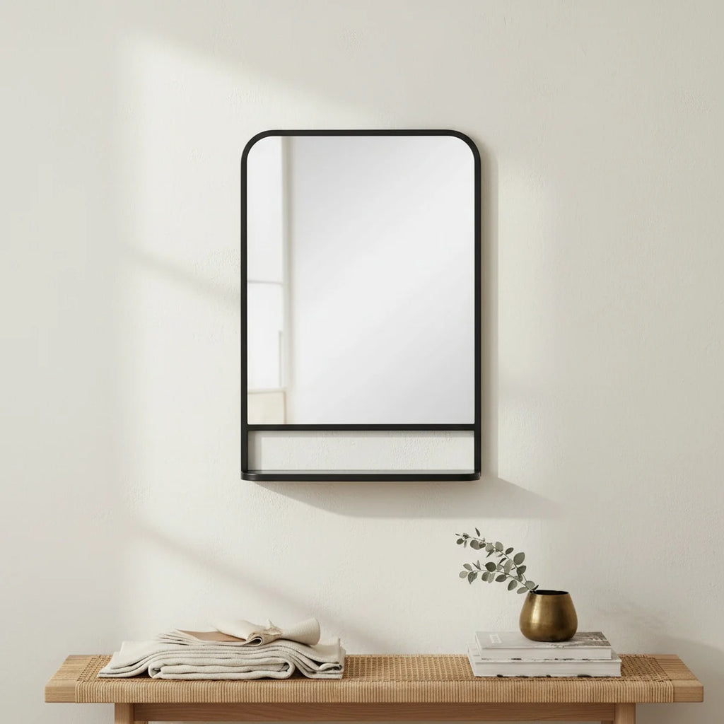 Black Bathroom Mirror with Shelf, 20 x 28 in, styled in a bathroom