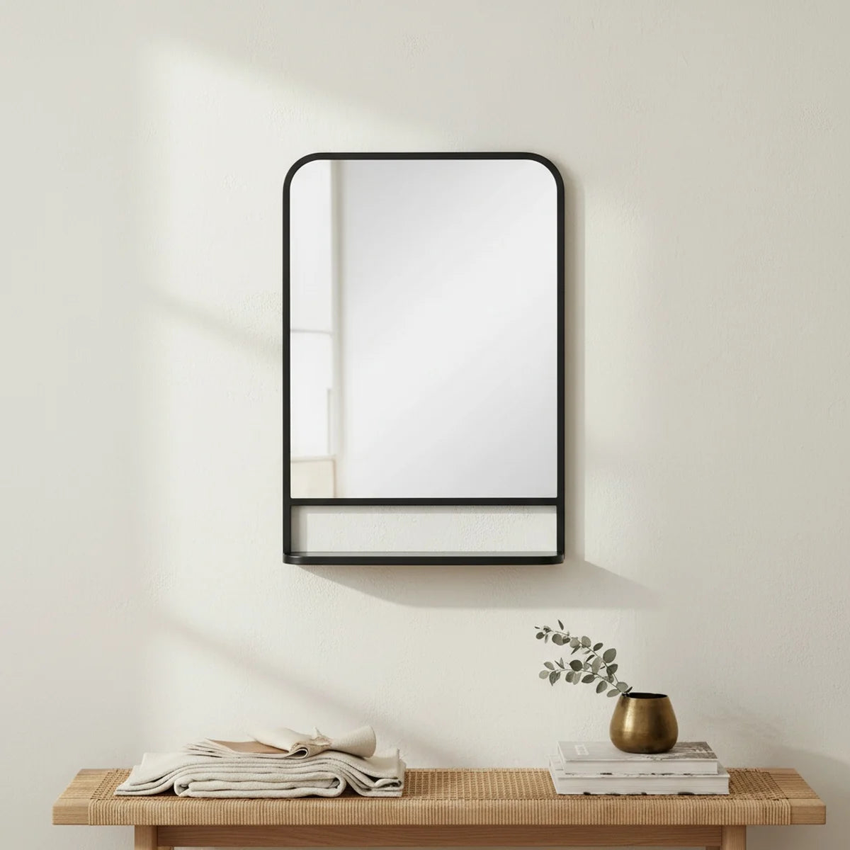 Black Bathroom Mirror with Shelf, 20 x 28 in, styled in a bathroom