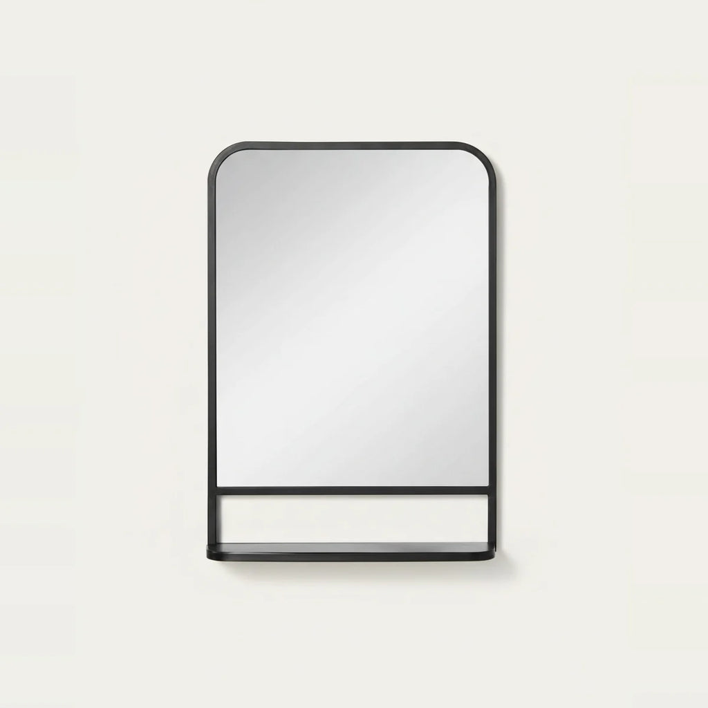 Black Bathroom Mirror with Shelf, 20 x 28 in, on a light background