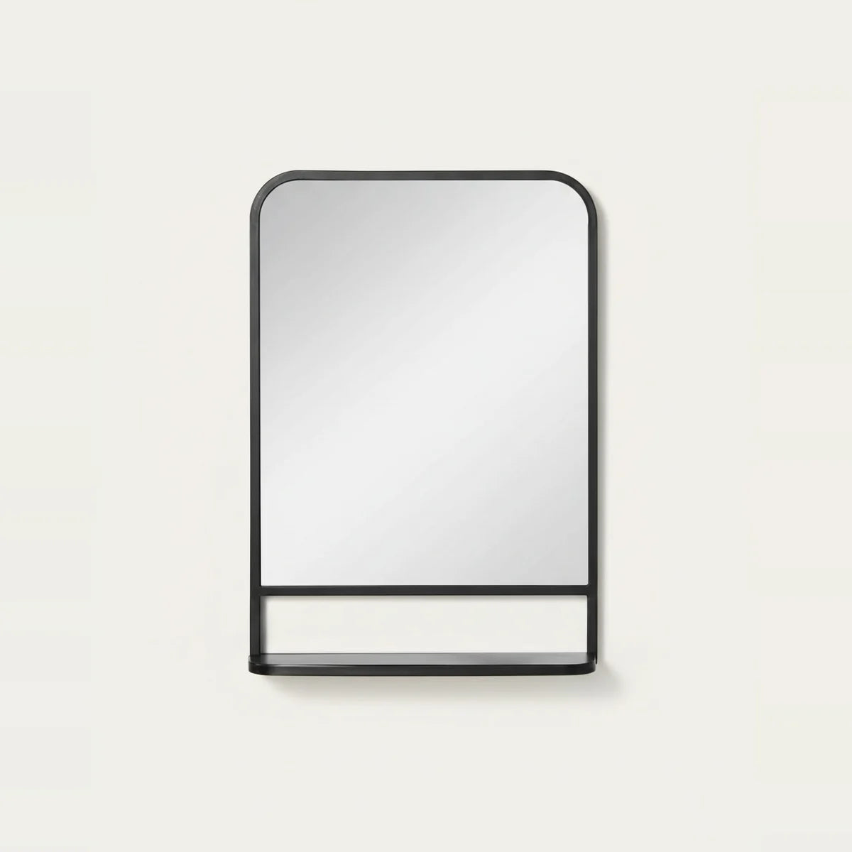 Black Bathroom Mirror with Shelf, 20 x 28 in, on a light background