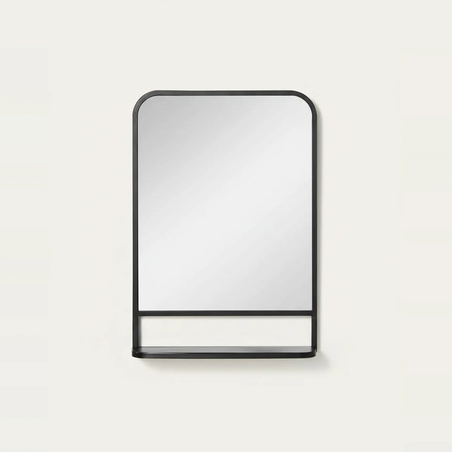 Black Bathroom Mirror with Shelf, 20 x 28 in, on a light background