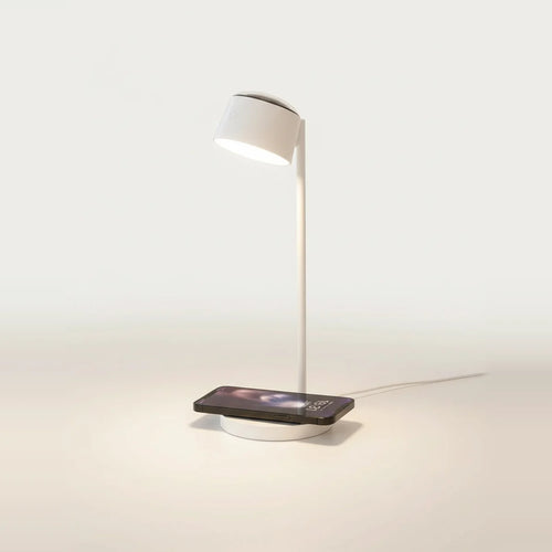 Bedside Lamp with Wireless Charger, Magnetic Pad, White, on a light background