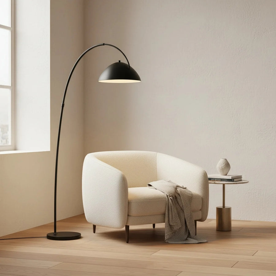 Black Metal Arc Floor Lamp, Dimmable, styled in a living room