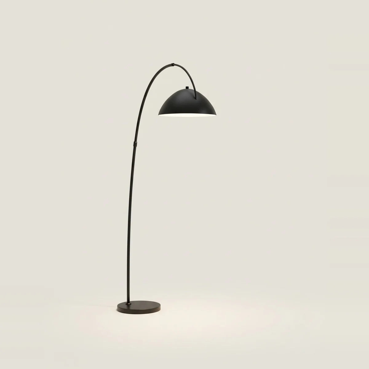 Black Metal Arc Floor Lamp, Dimmable, on a light background