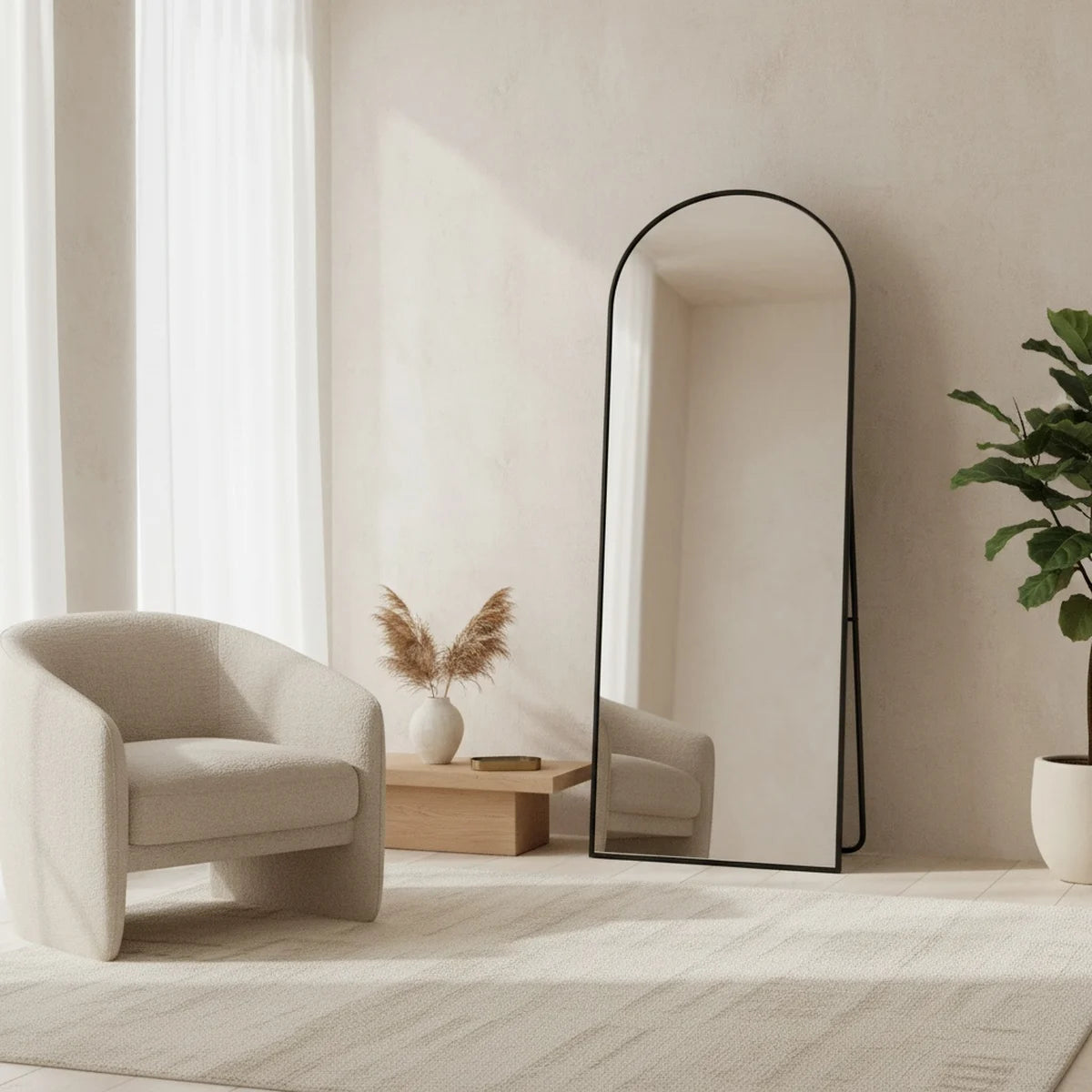 Black Arch Floor Mirror, 64 x 21 in, styled in a bright interior