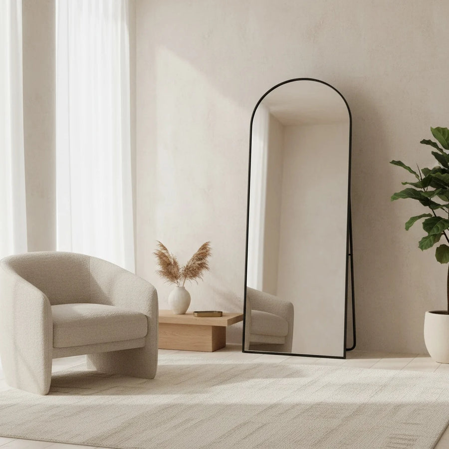 Black Arch Floor Mirror, 64 x 21 in, styled in a bright interior