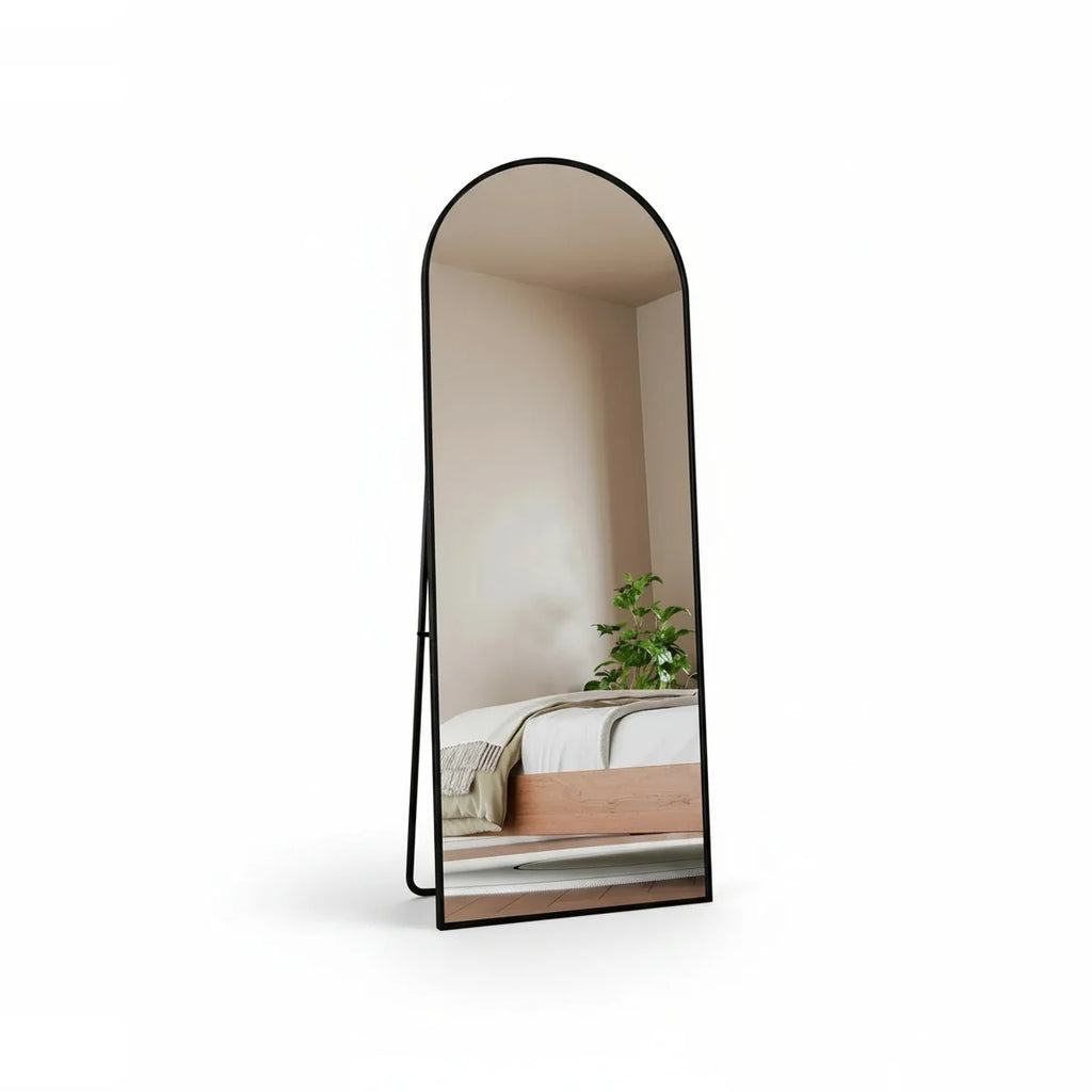 Full Length Black Arch Mirror, Thin Frame – Black, 64 × 21 in (162 × 53 cm), on a light background