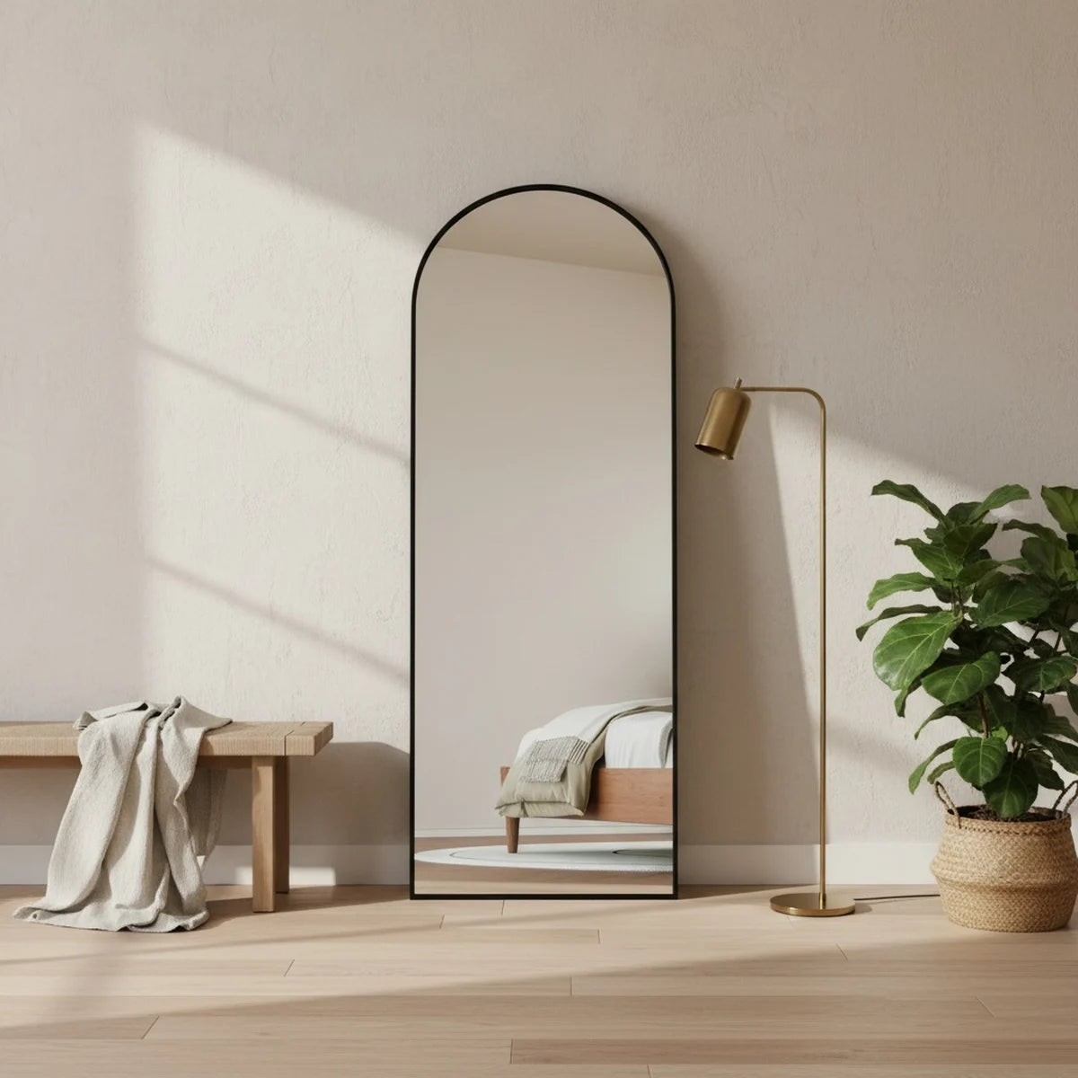 Full Length Black Arch Mirror, Thin Frame, styled in a bright interior