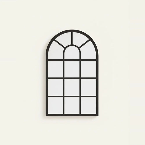 Miroir verrière arche noir, cadre bois à croisillons, photo sur fond clair