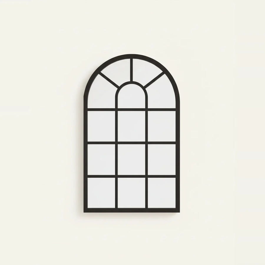 Black Arch Window Mirror, Wood Grid Frame, on a light background