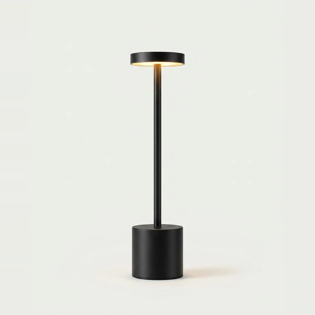Cordless Table Lamp, Black Metal, Rechargeable Touch LED, on a light background